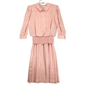 Vintage 90s Dim The Lites Pink Satin Pleated Dress Sz 8P Smocked Waist Secretary